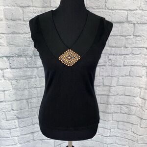 Venus silk blend sleeveless v-neck blouse w/center beadwork black sz L women